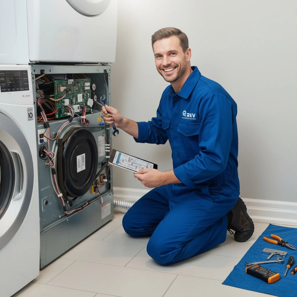 Emergency washer repair technician in Mississauga diagnosing a washing machine control board