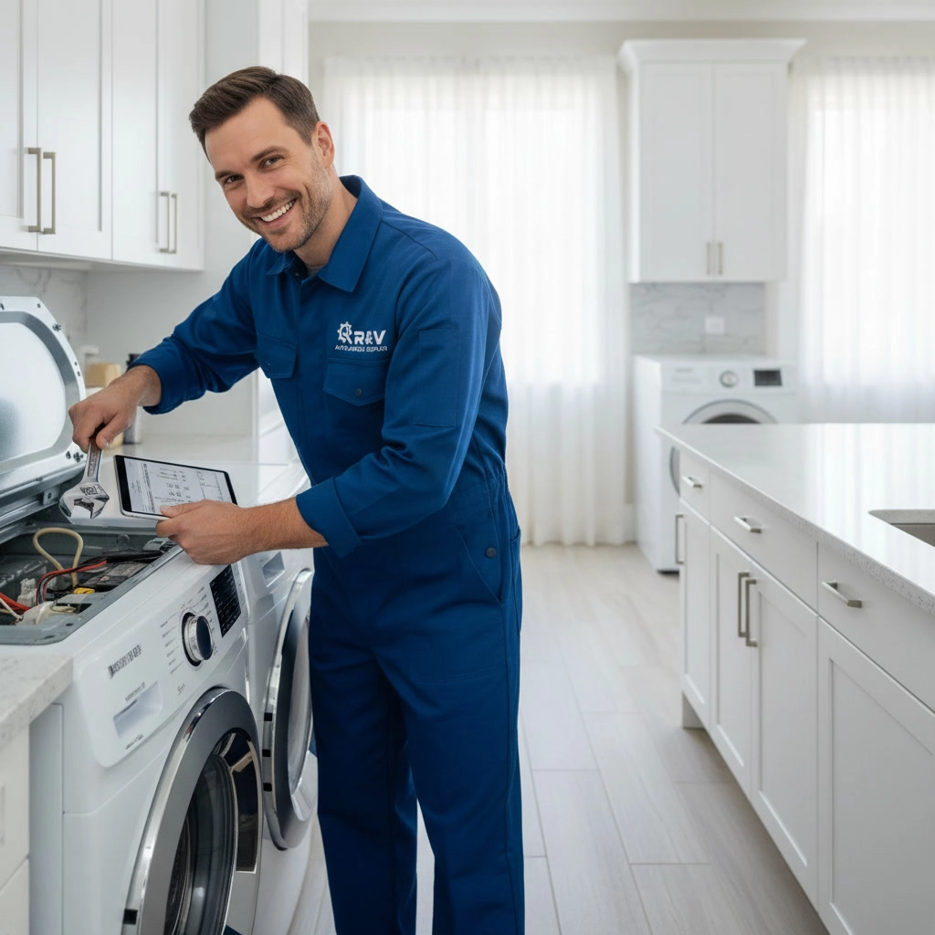 Washing machine repair experts in Mississauga inspecting a front-load washer