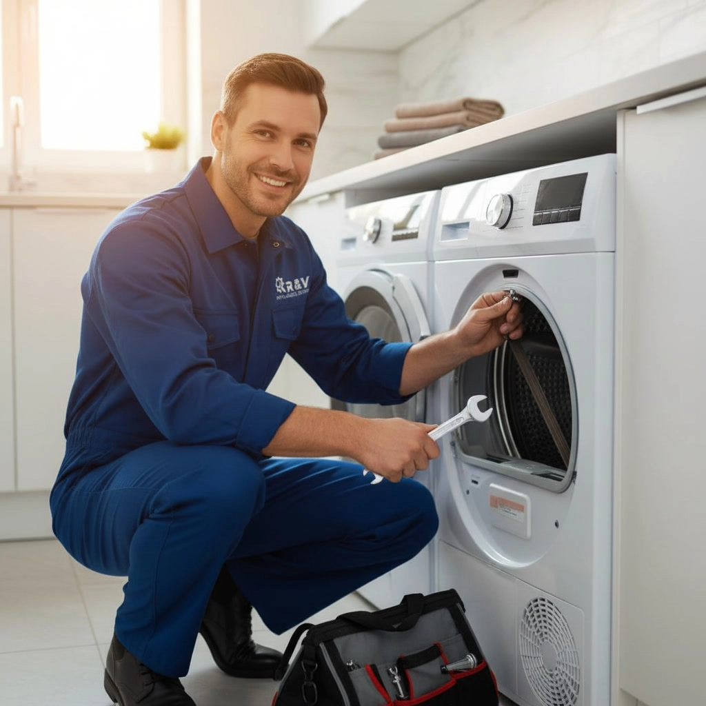 Clothes dryer repair experts in Mississauga inspecting a dryer drum belt