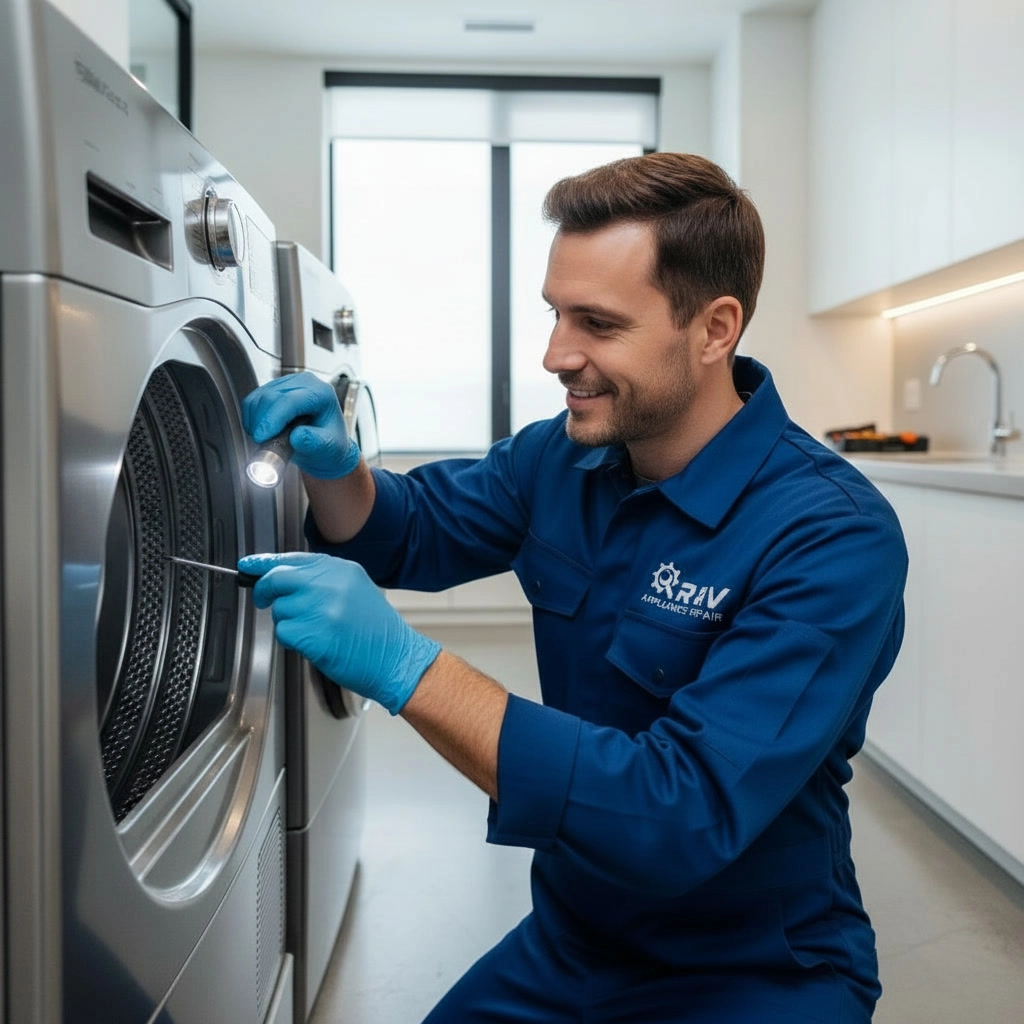 Emergency dryer repair technician in Mississauga diagnosing a dryer with a flashlight