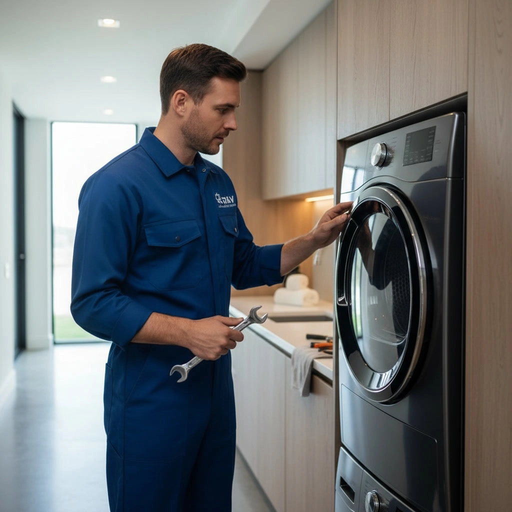 Same-day dryer repair technician in Mississauga inspecting a stacked dryer unit
