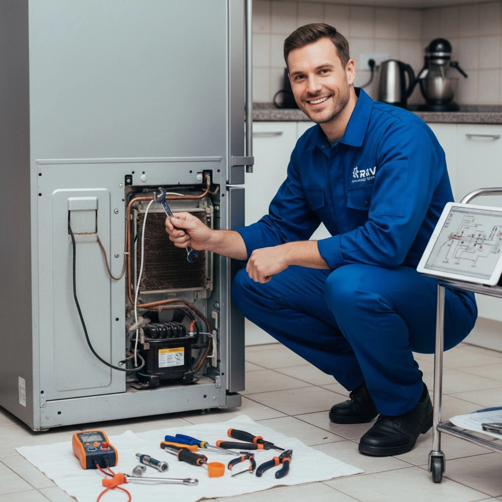 Emergency fridge repair technician in Mississauga diagnosing a refrigerator compressor and condenser coils