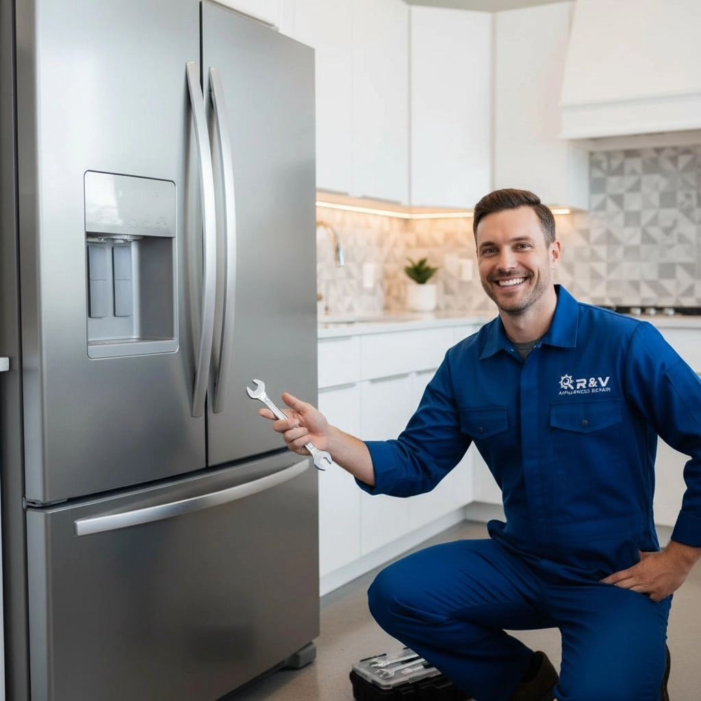 R and V Appliances Repair technician providing fridge repair service in a Mississauga kitchen