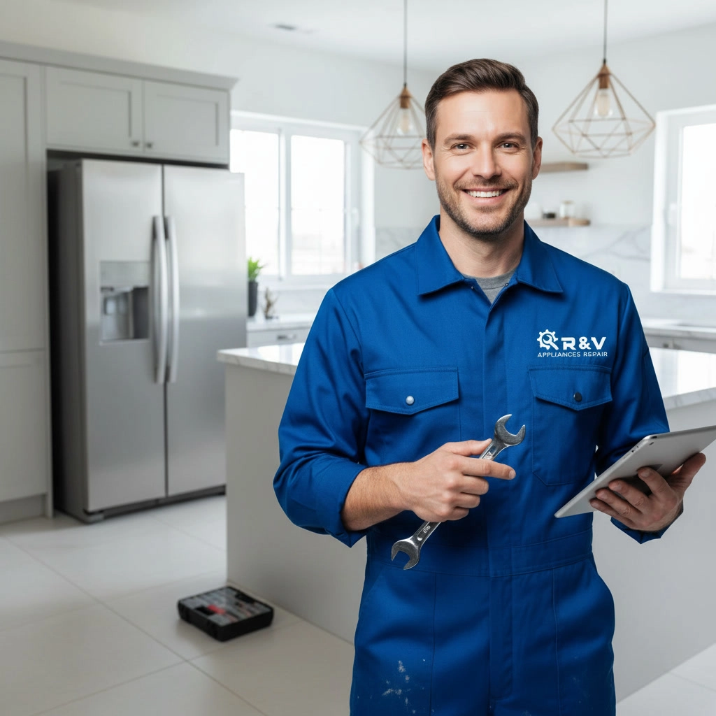 Same-day fridge repair technician in a modern Mississauga kitchen ready to service a refrigerator