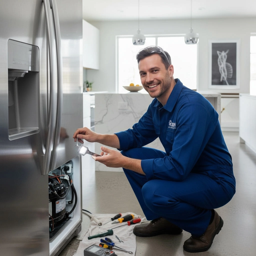 Refrigerator repair experts in Mississauga inspecting a stainless steel fridge compressor