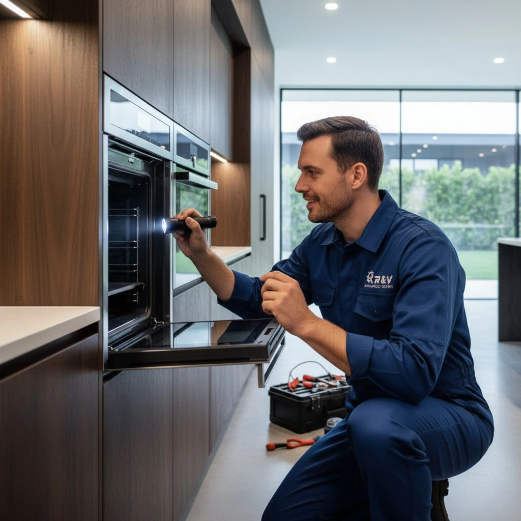 Built-in wall oven repair technician in Mississauga inspecting an electric oven cavity with a flashlight