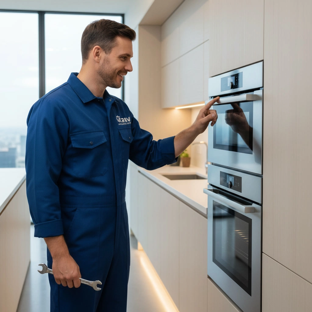 Professional wall oven repair experts in Mississauga inspecting a built-in double wall oven control panel
