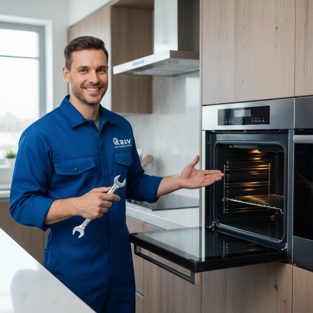 R and V Appliances Repair technician providing electric wall oven repair service in a Mississauga kitchen