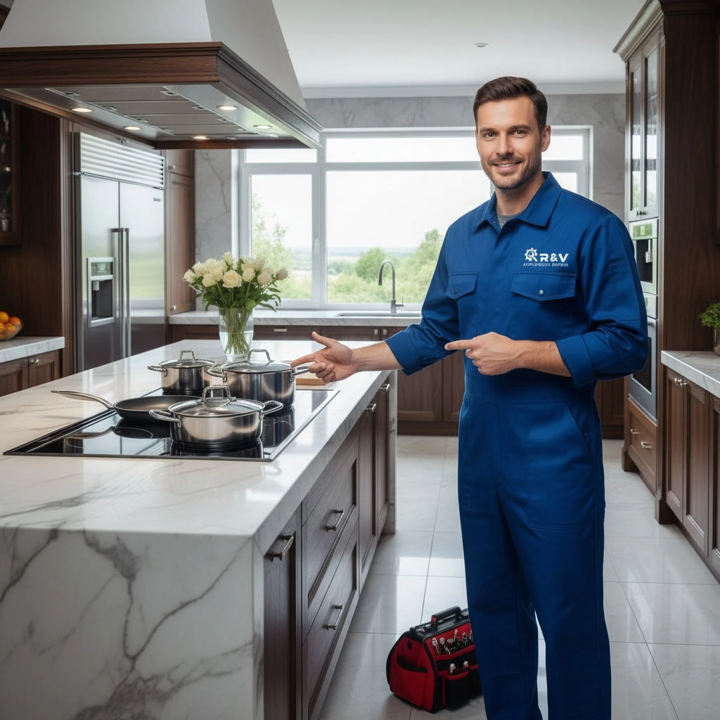 Electric stove repair experts in Mississauga inspecting an electric cooktop on a marble kitchen island