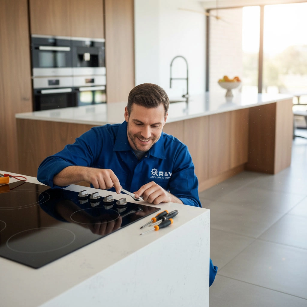 Emergency electric stove repair technician in Mississauga servicing a glass cooktop with control knobs removed