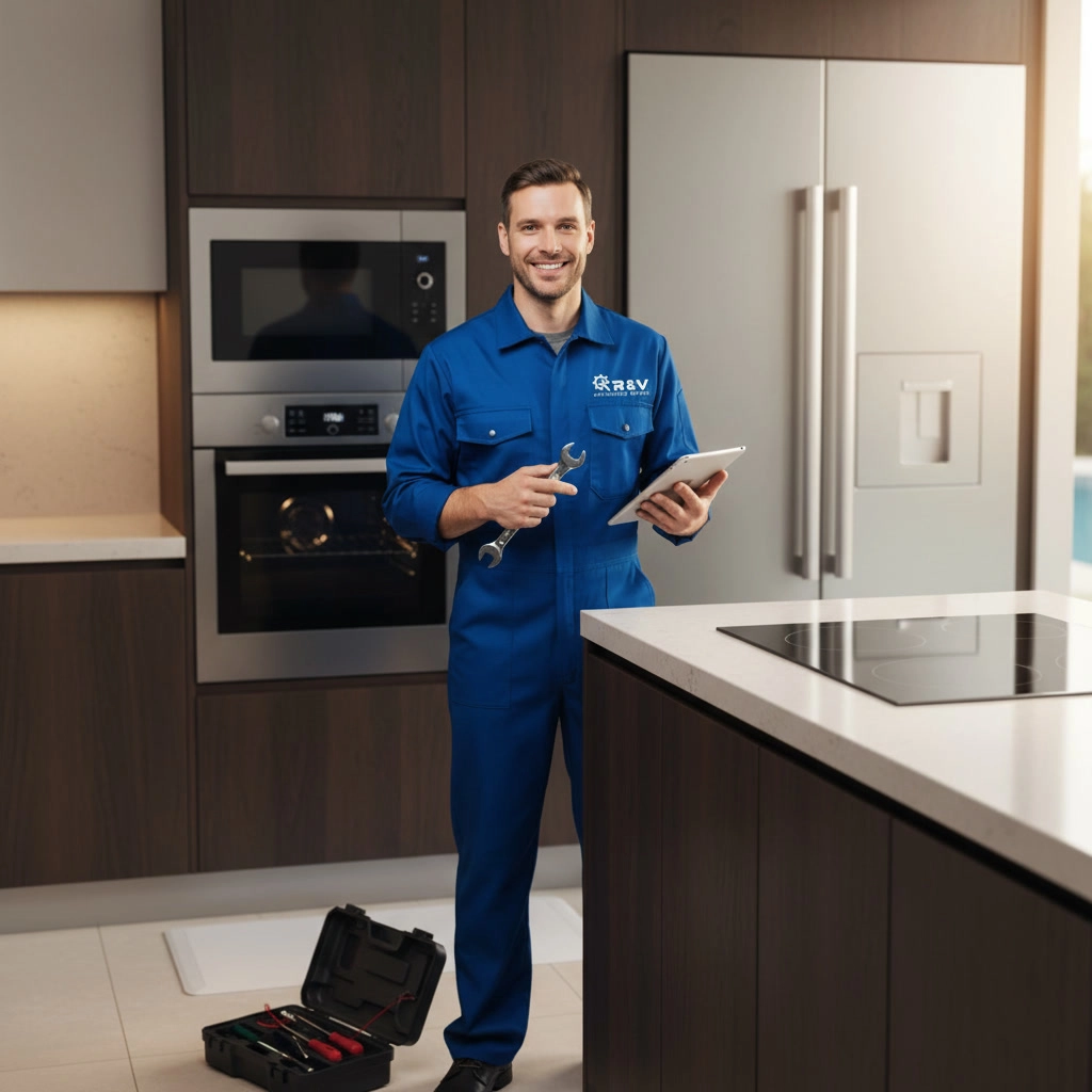 R and V Appliances Repair technician providing electric stove repair service in a Mississauga kitchen