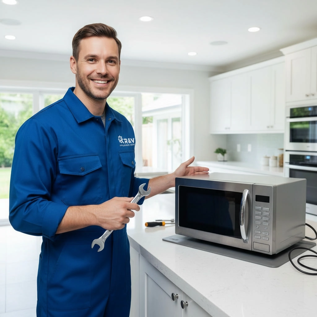 R and V Appliances Repair technician providing microwave repair service in a Mississauga kitchen