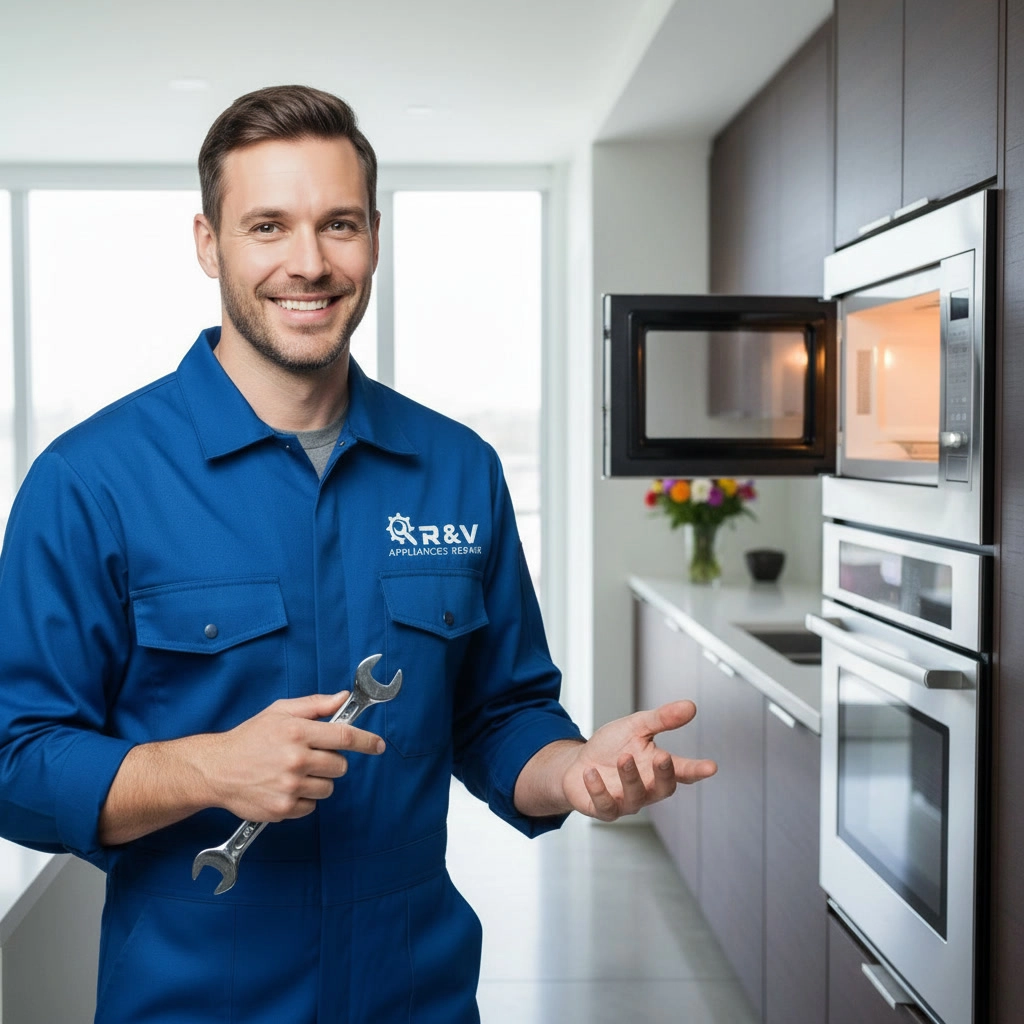 Over-the-range microwave repair technician in Mississauga inspecting a built-in wall microwave