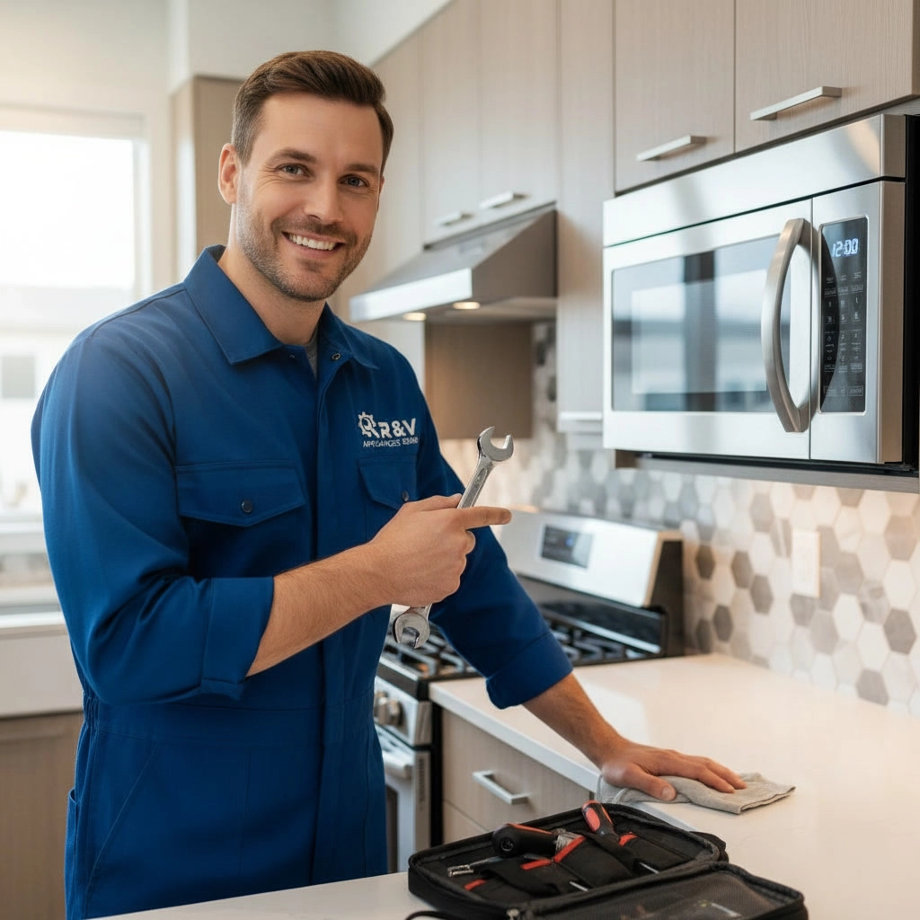 Professional microwave repair experts in Mississauga inspecting an over-the-range microwave with tools