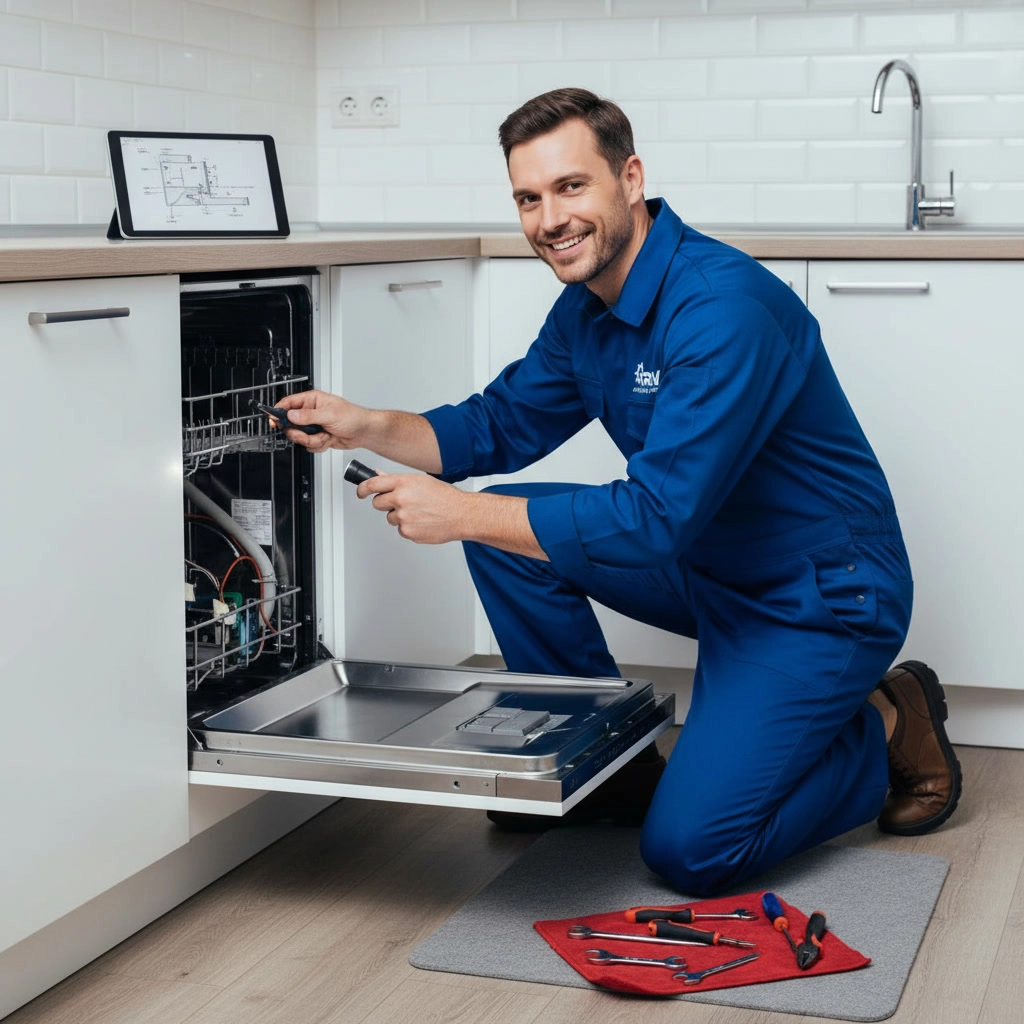 R and V Appliances Repair technician providing dishwasher repair service in a Mississauga kitchen
