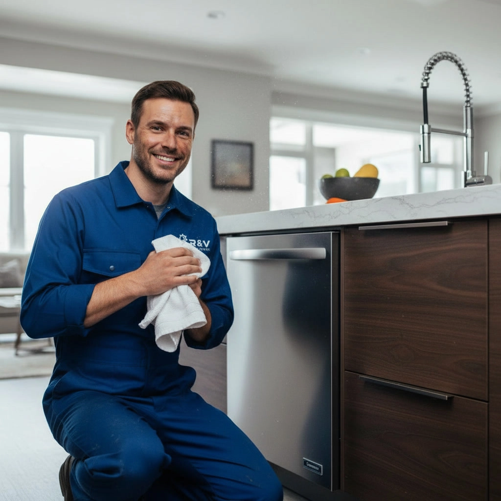 Emergency dishwasher repair technician in Mississauga drying hands beside a stainless steel built-in dishwasher