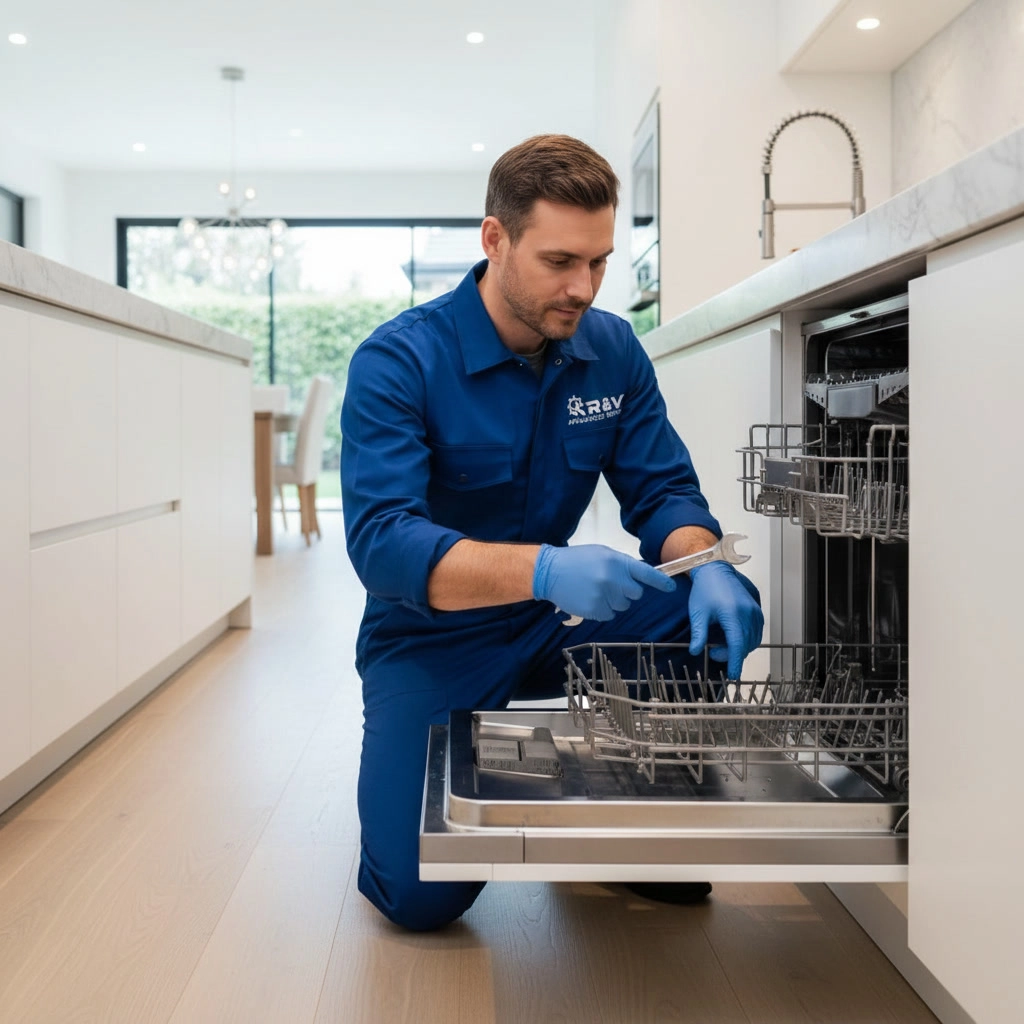 Professional dishwasher repair technician in Mississauga inspecting a built-in dishwasher rack with gloves