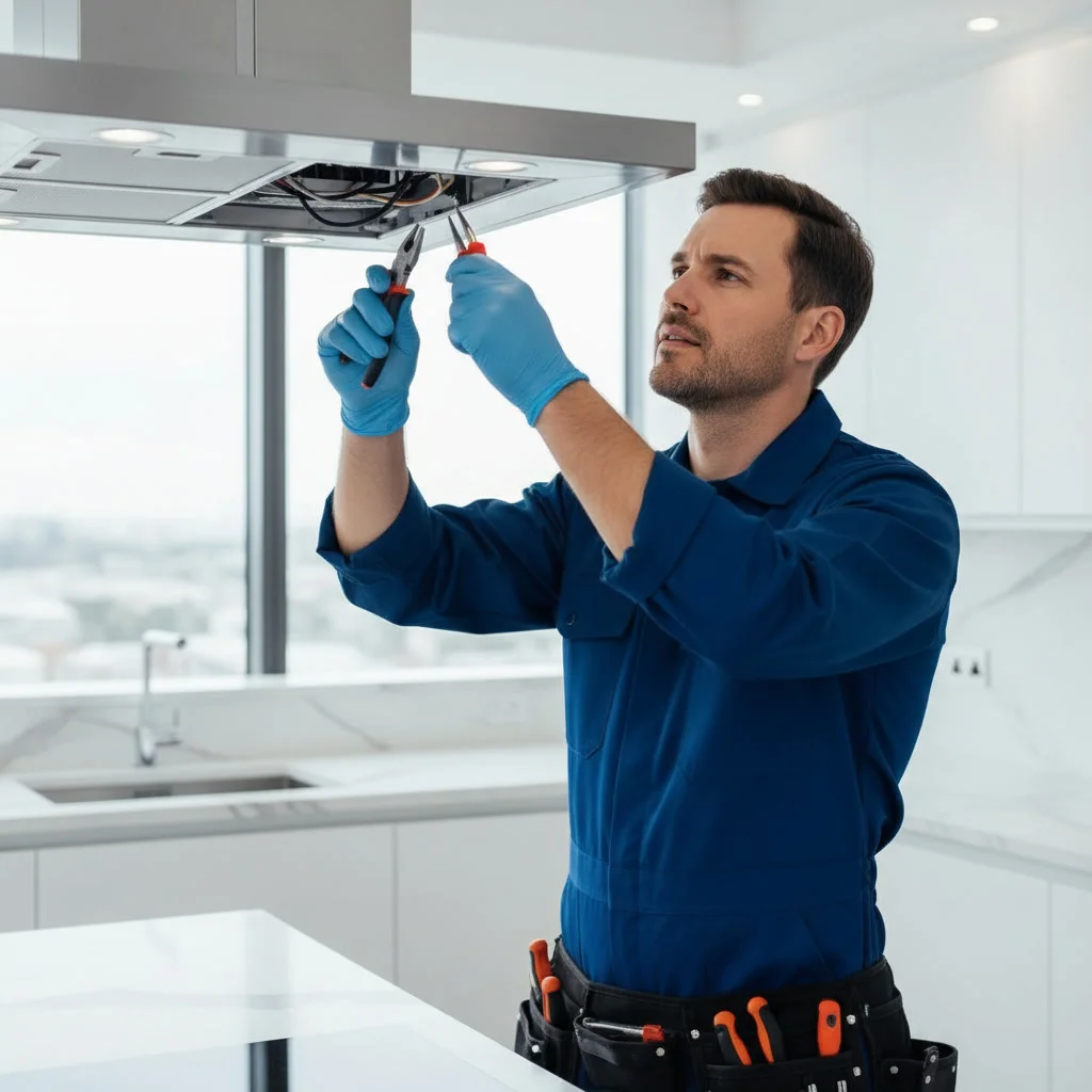 Kitchen range hood repair experts in Mississauga repairing internal wiring of an under-cabinet hood