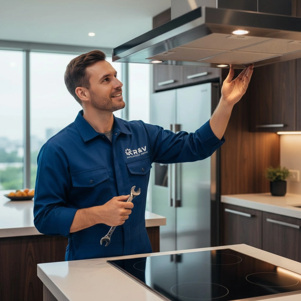 Professional range hood repair technician in Mississauga inspecting a stainless steel kitchen hood