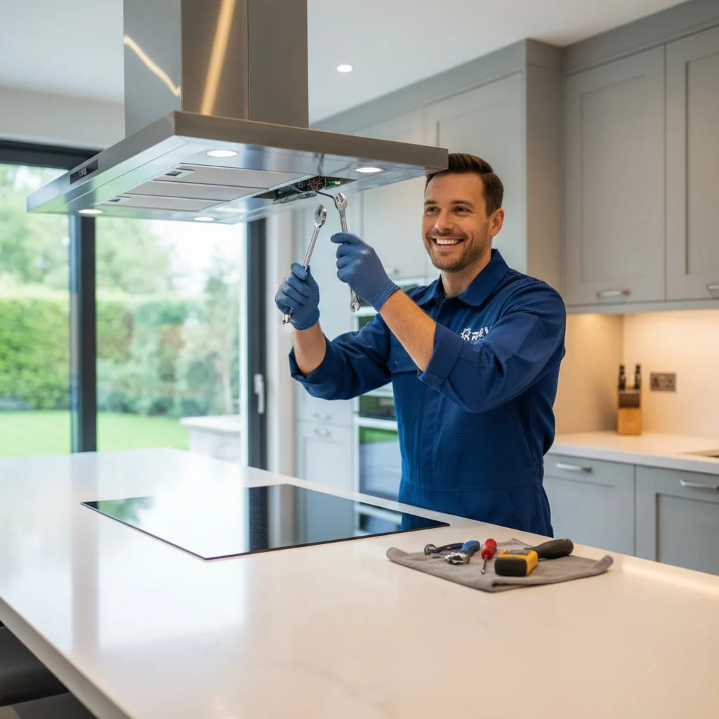 R and V Appliances Repair technician providing range hood repair service in a modern Mississauga kitchen