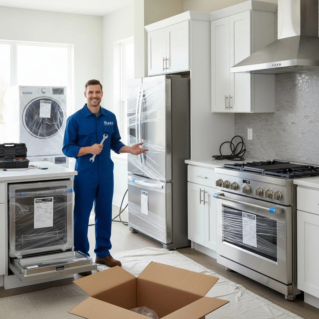 R and V Appliances Repair technician providing appliance installation service in a Mississauga kitchen with new fridge, dishwasher and stove