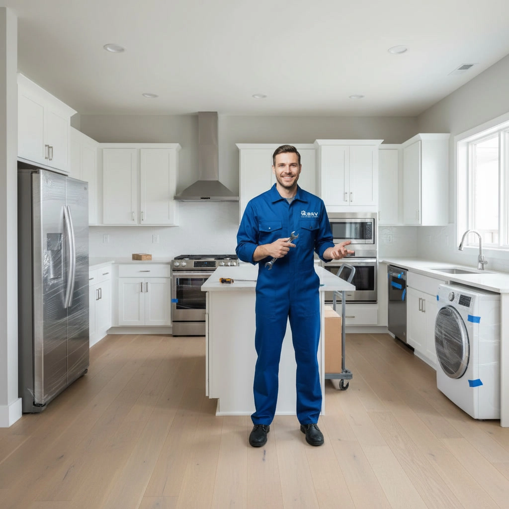 Home appliance installation experts in Mississauga preparing a full kitchen with newly installed fridge, oven, dishwasher and washer