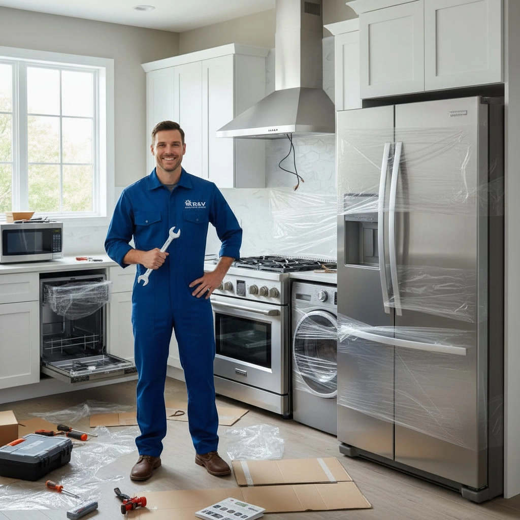 Professional appliance installation technician in Mississauga setting up new kitchen appliances including fridge, range hood and dishwasher