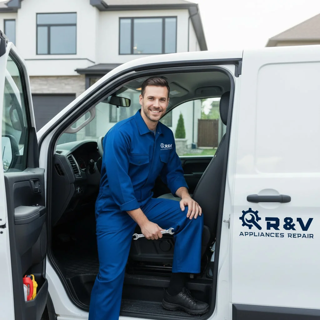 Same-day appliance repair technician arriving at a Mississauga home in a R and V Appliances Repair service van