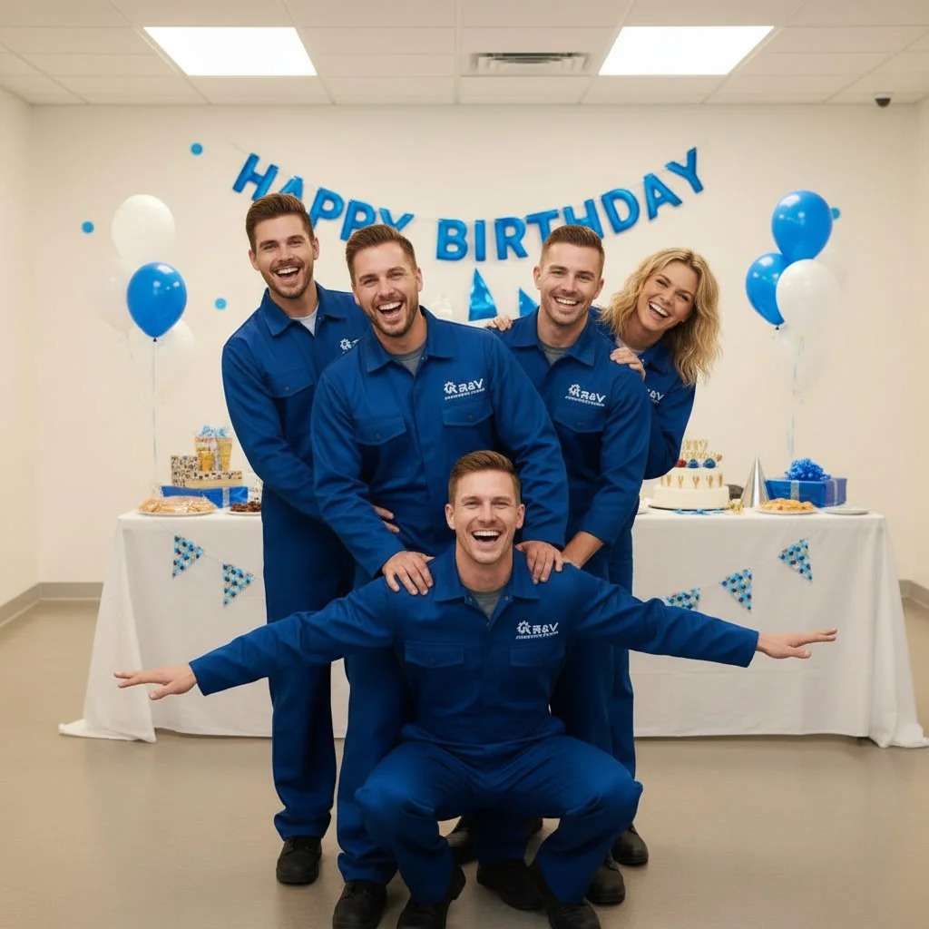 R and V Appliances Repair team in Mississauga celebrating together, showing the friendly company culture