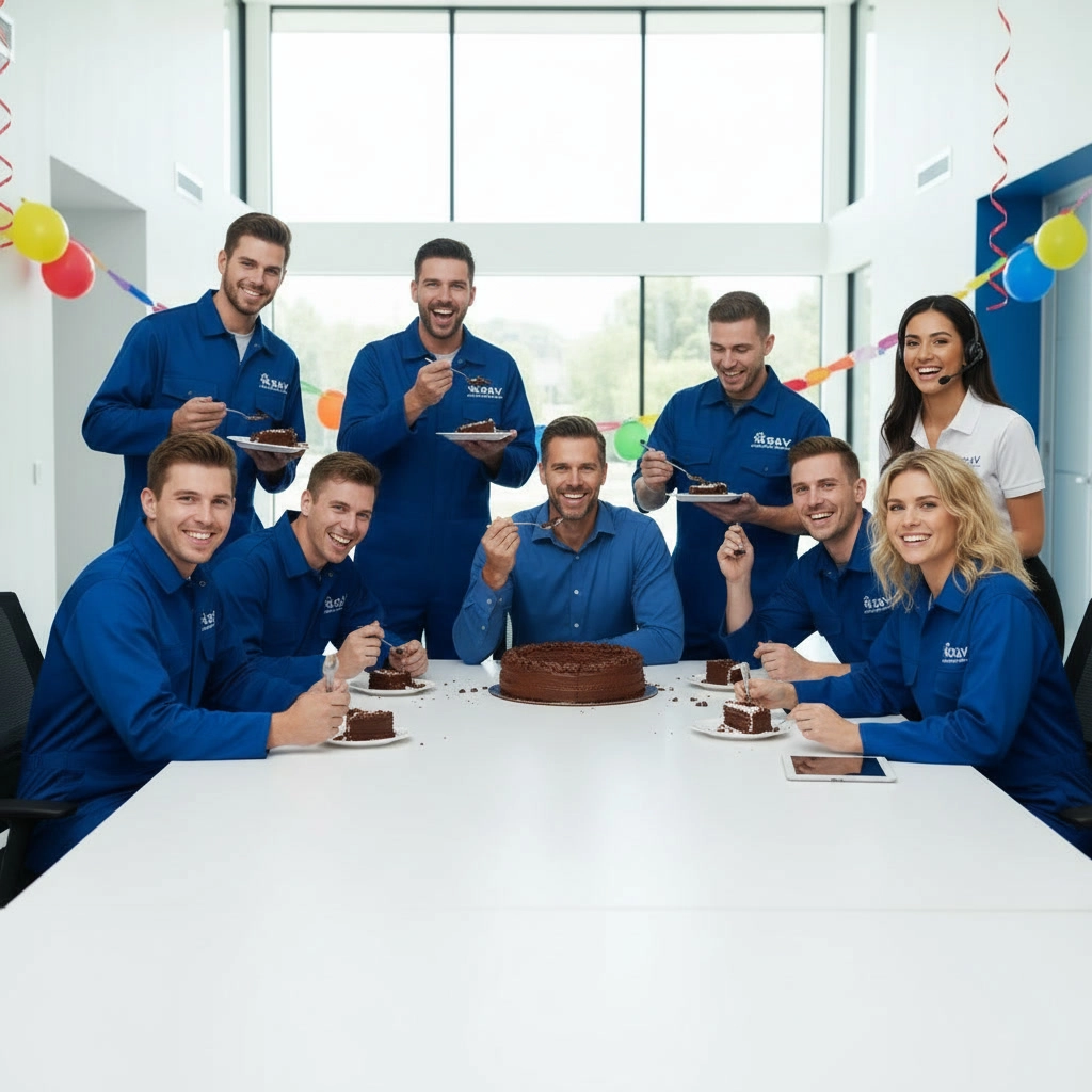 R and V Appliances Repair Mississauga team gathered together sharing a moment, showing the friendly company culture